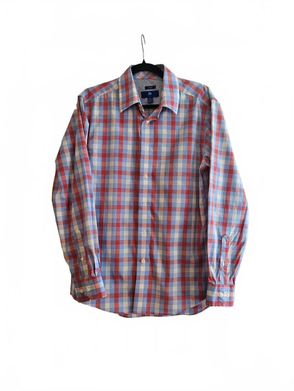 Egara Men's Medium Slim Fit Non-Iron Red, White, & Blue Checkered Dress Shirt